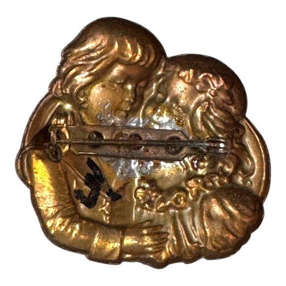 Antique Victorian-Style Gold-Tone Brooch Brass Cherub Angel Children Art Deco - Picture 2 of 4